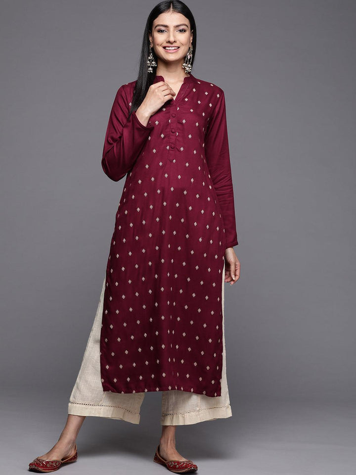 Maroon Embroidered Pashmina Wool Straight Kurta