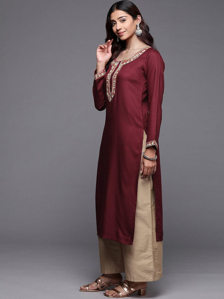 Maroon Embroidered Pashmina Wool Straight Kurta