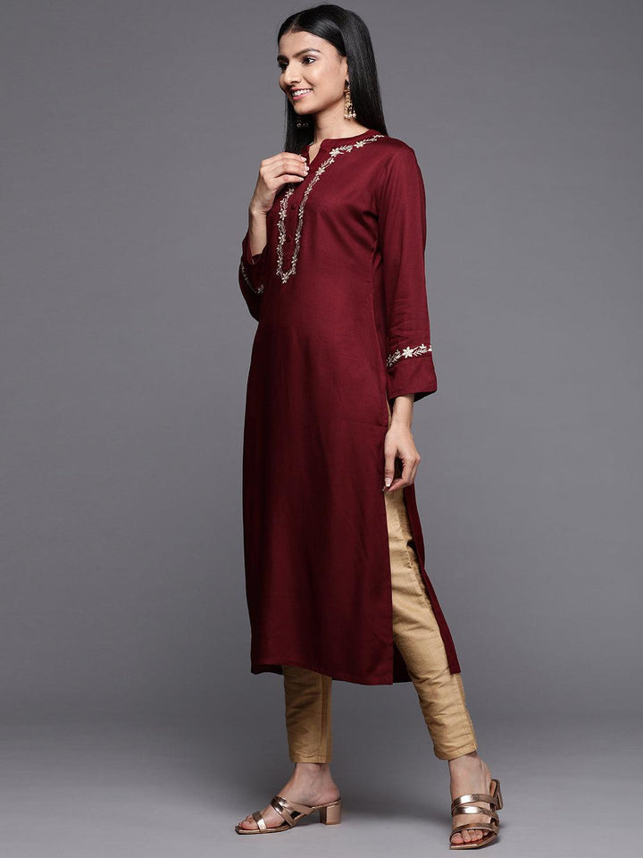 Maroon Embroidered Pashmina Wool Straight Kurta