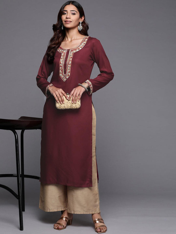 Maroon Embroidered Pashmina Wool Straight Kurta