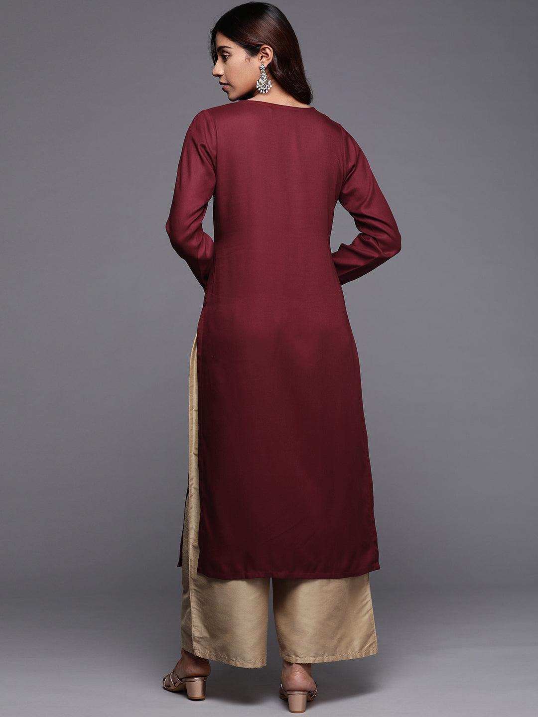 Maroon Embroidered Pashmina Wool Straight Kurta - Libas