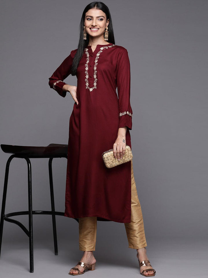 Maroon Embroidered Pashmina Wool Straight Kurta