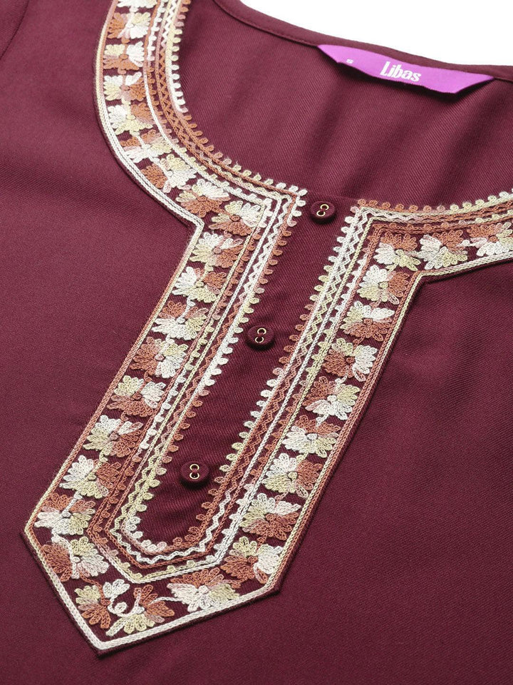 Maroon Embroidered Pashmina Wool Straight Kurta