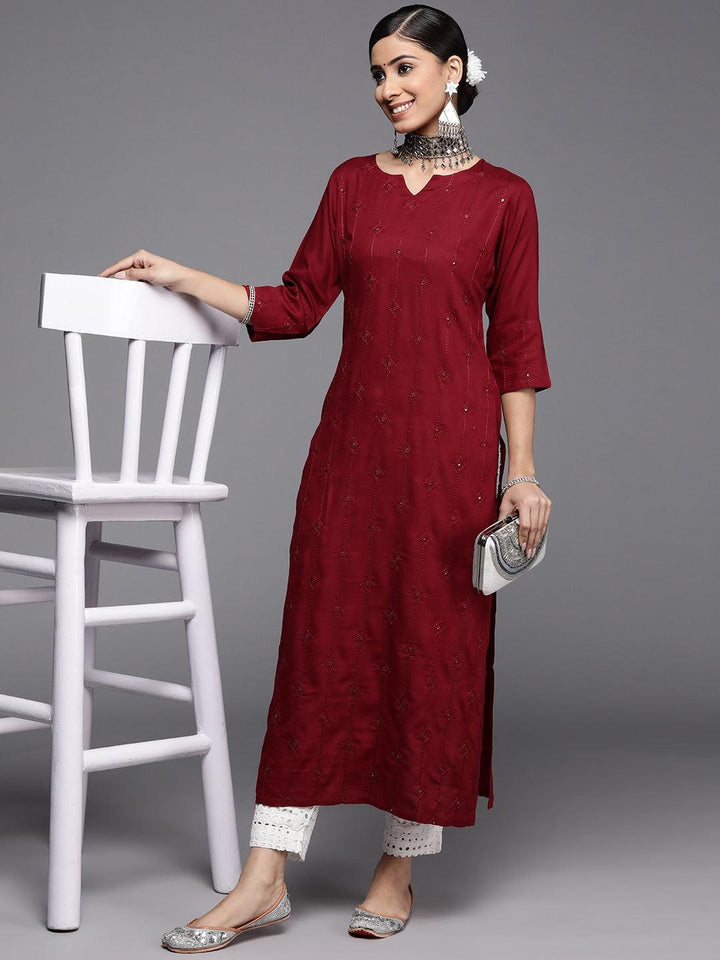 Maroon Embroidered Rayon Kurta