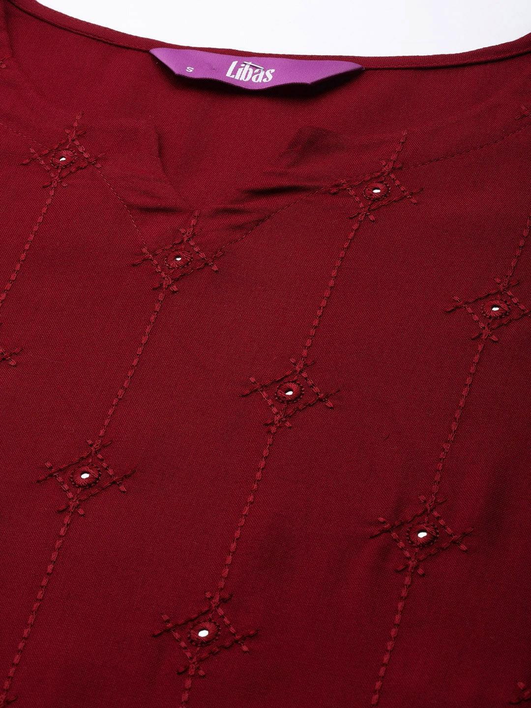 Maroon Embroidered Rayon Kurta - ShopLibas