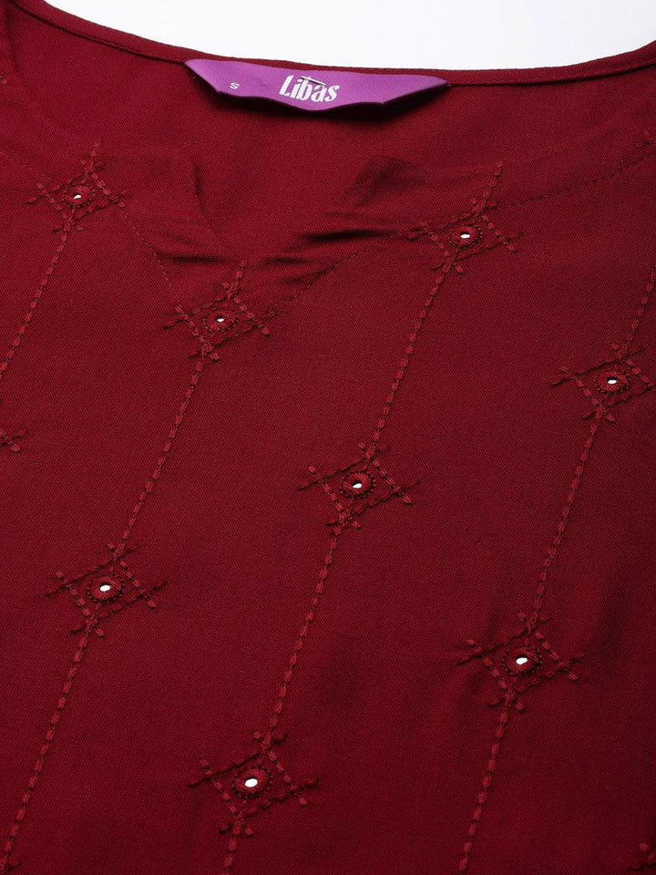 Maroon Embroidered Rayon Kurta