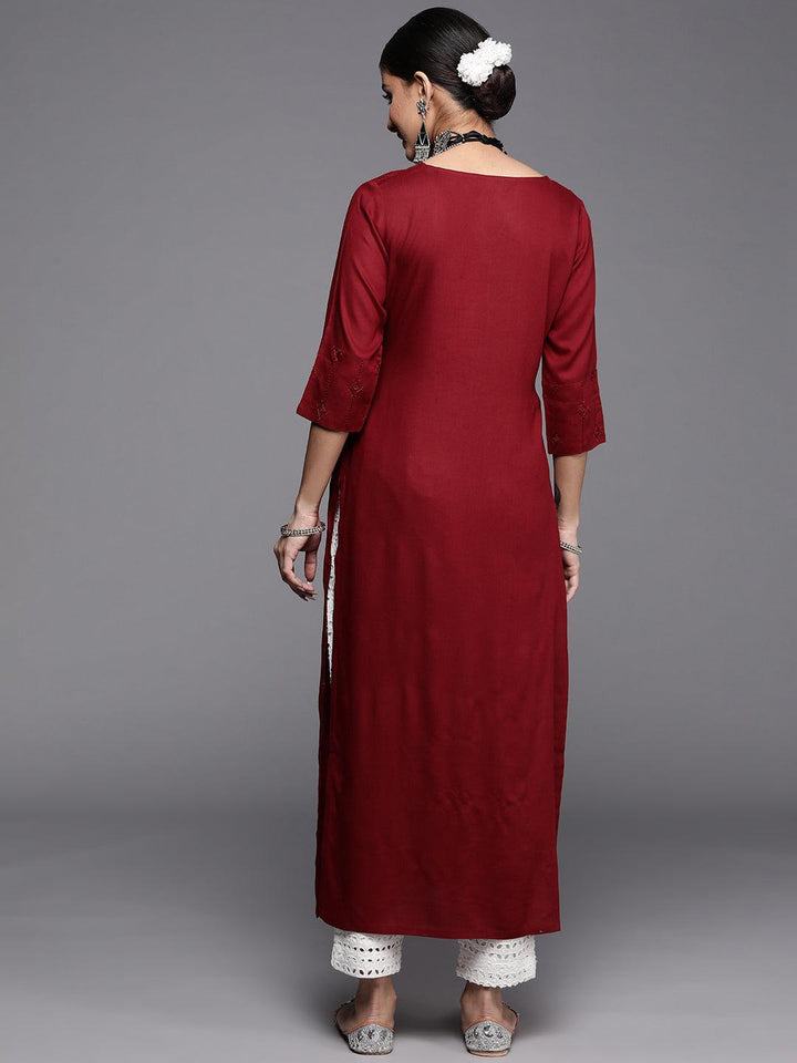 Maroon Embroidered Rayon Kurta
