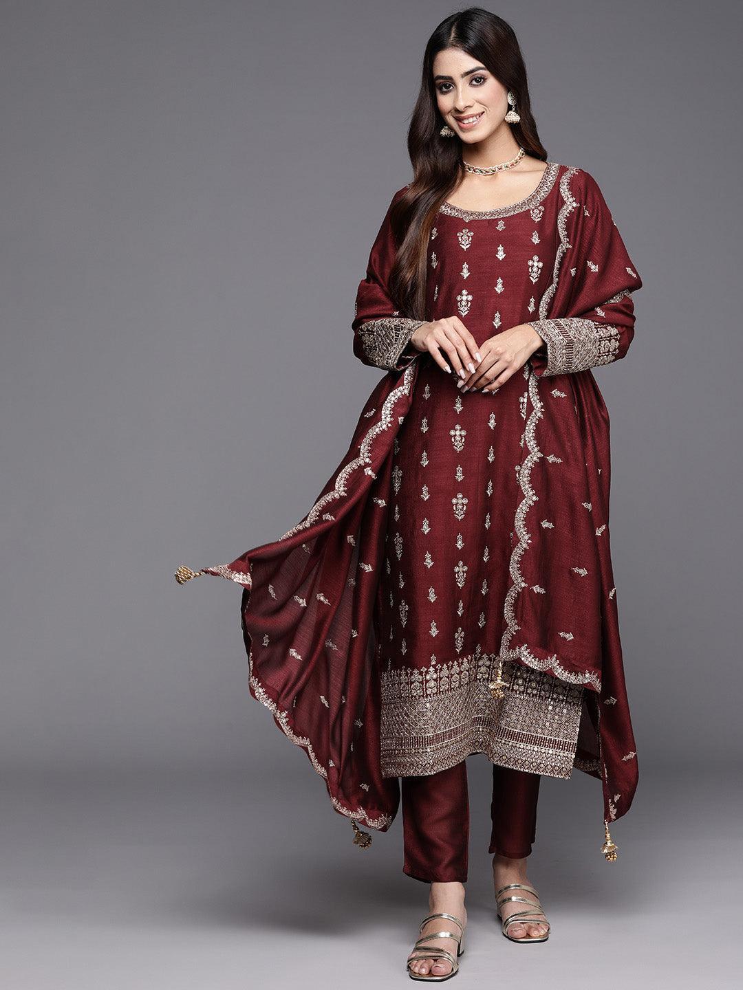 Maroon Silk Blend Solid Embroidered Straight Kurta With Trouser MKSET1945