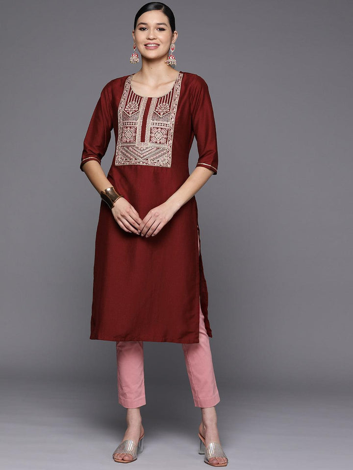 Maroon Embroidered Silk Straight Kurta