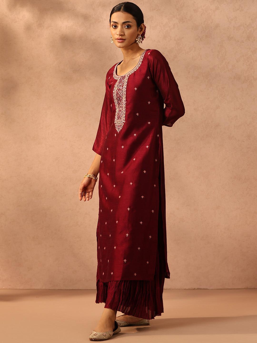 Maroon Embroidered Silk Straight Kurta - ShopLibas