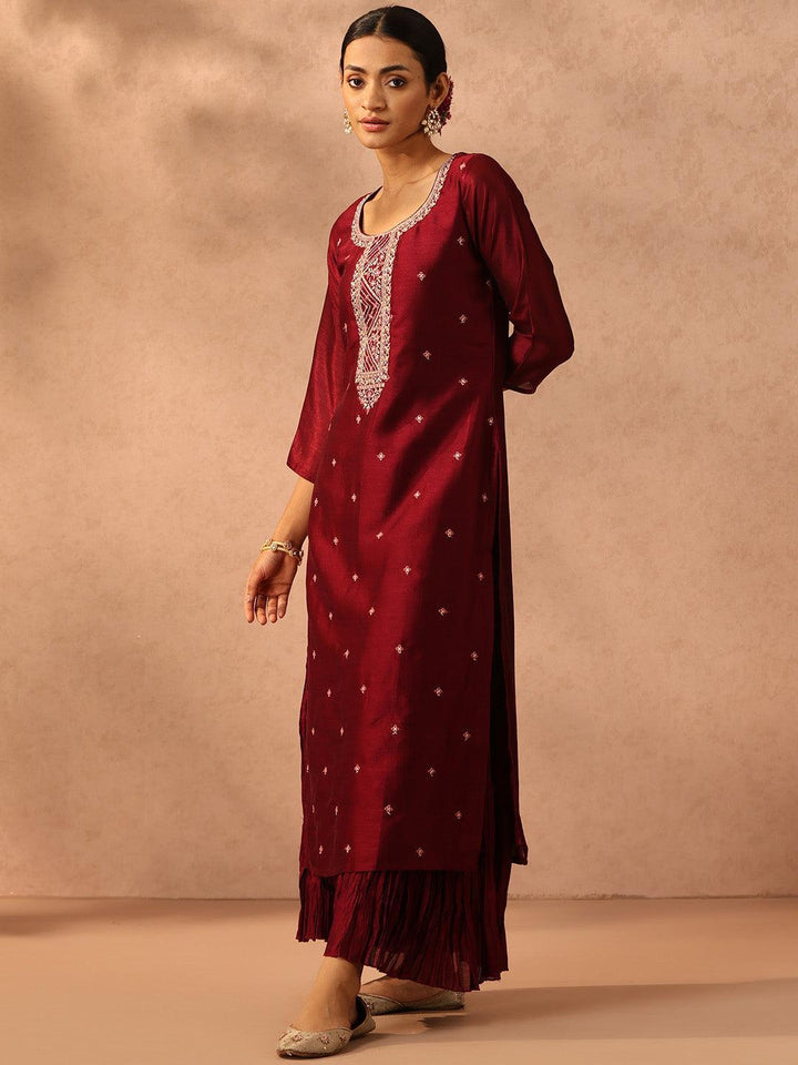 Maroon Embroidered Silk Straight Kurta