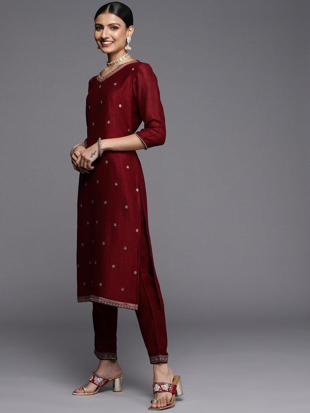 Maroon Embroidered Silk Straight Kurta - ShopLibas