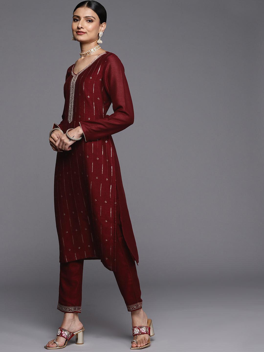 Maroon Embroidered Silk Straight Kurta - ShopLibas