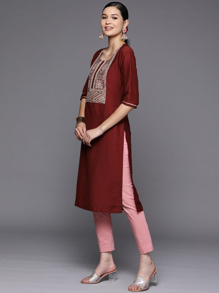 Maroon Embroidered Silk Straight Kurta