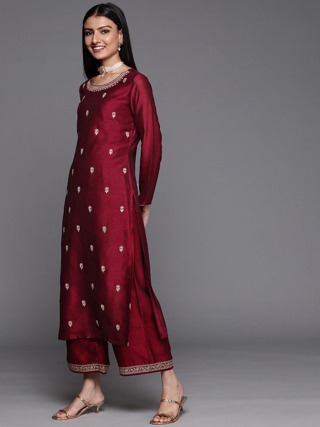 Maroon Embroidered Silk Straight Kurta - ShopLibas