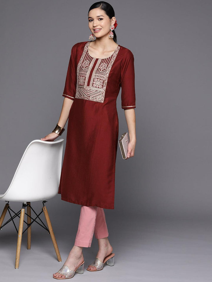 Maroon Embroidered Silk Straight Kurta