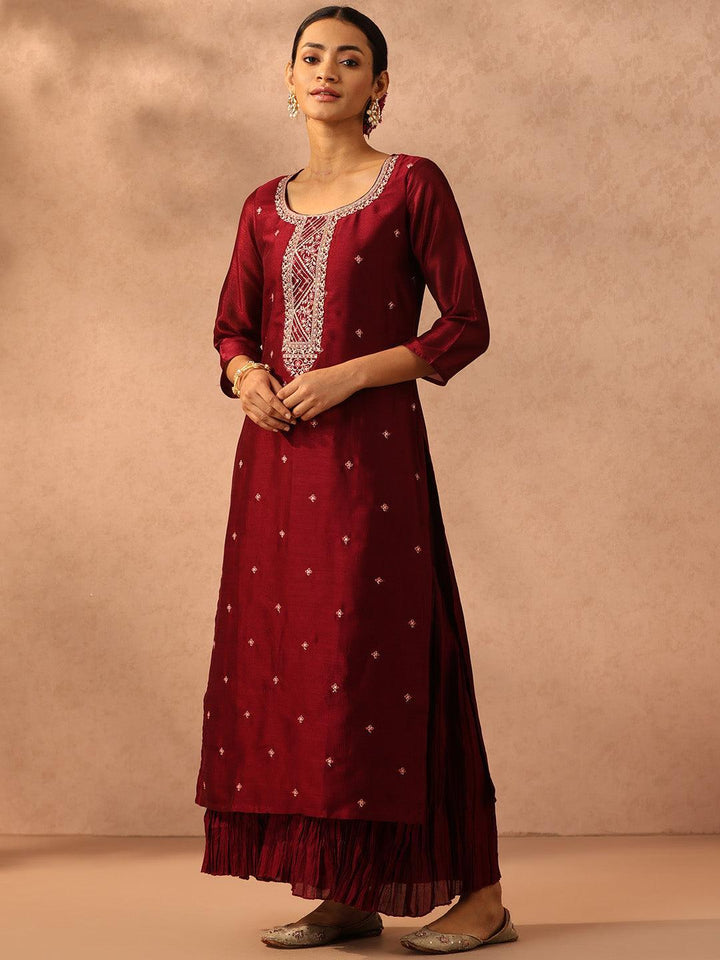 Maroon Embroidered Silk Straight Kurta