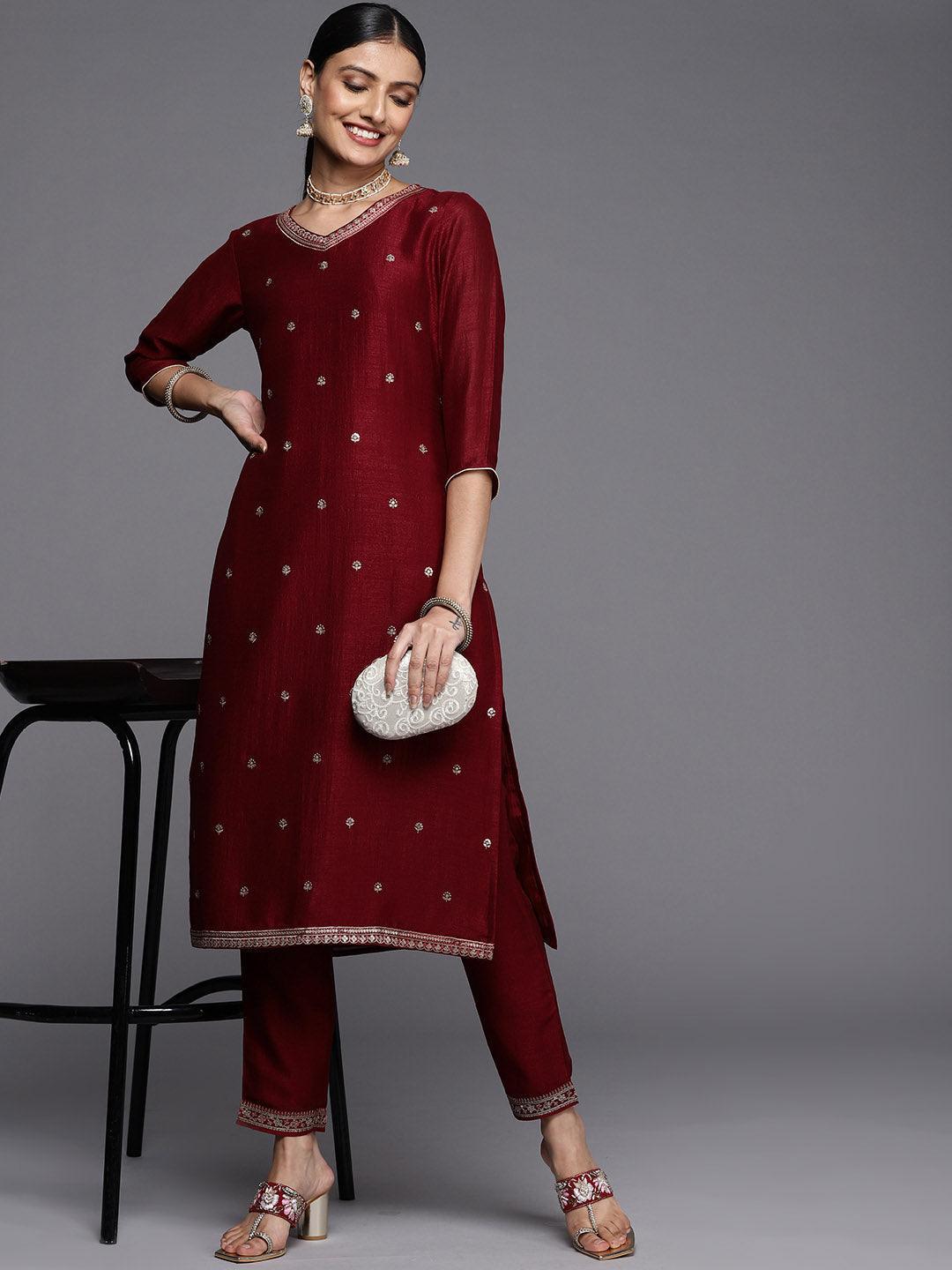 Maroon Embroidered Silk Straight Kurta - ShopLibas