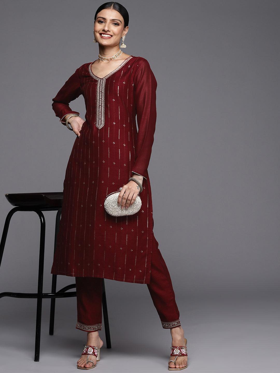 Maroon Embroidered Silk Straight Kurta - ShopLibas