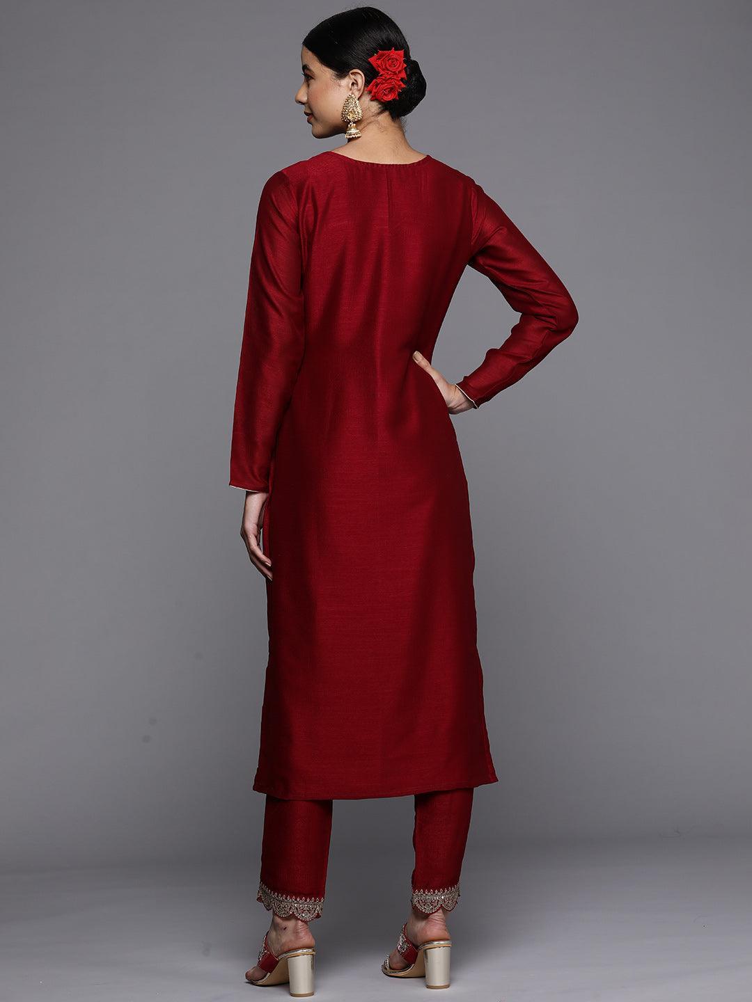 Maroon Embroidered Silk Straight Kurta - Libas