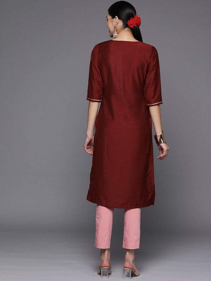 Maroon Embroidered Silk Straight Kurta