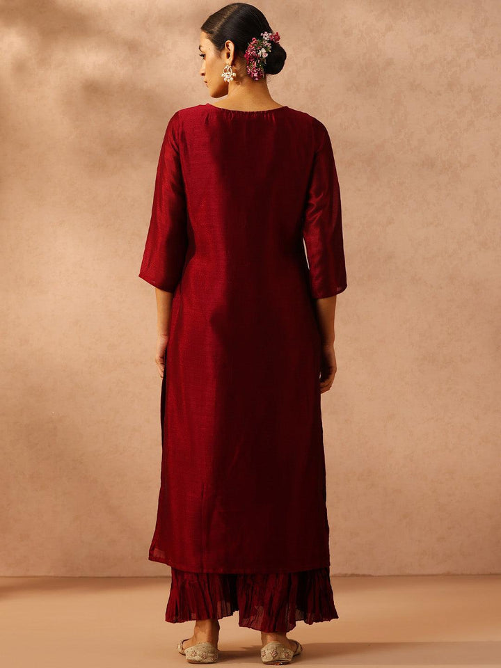 Maroon Embroidered Silk Straight Kurta