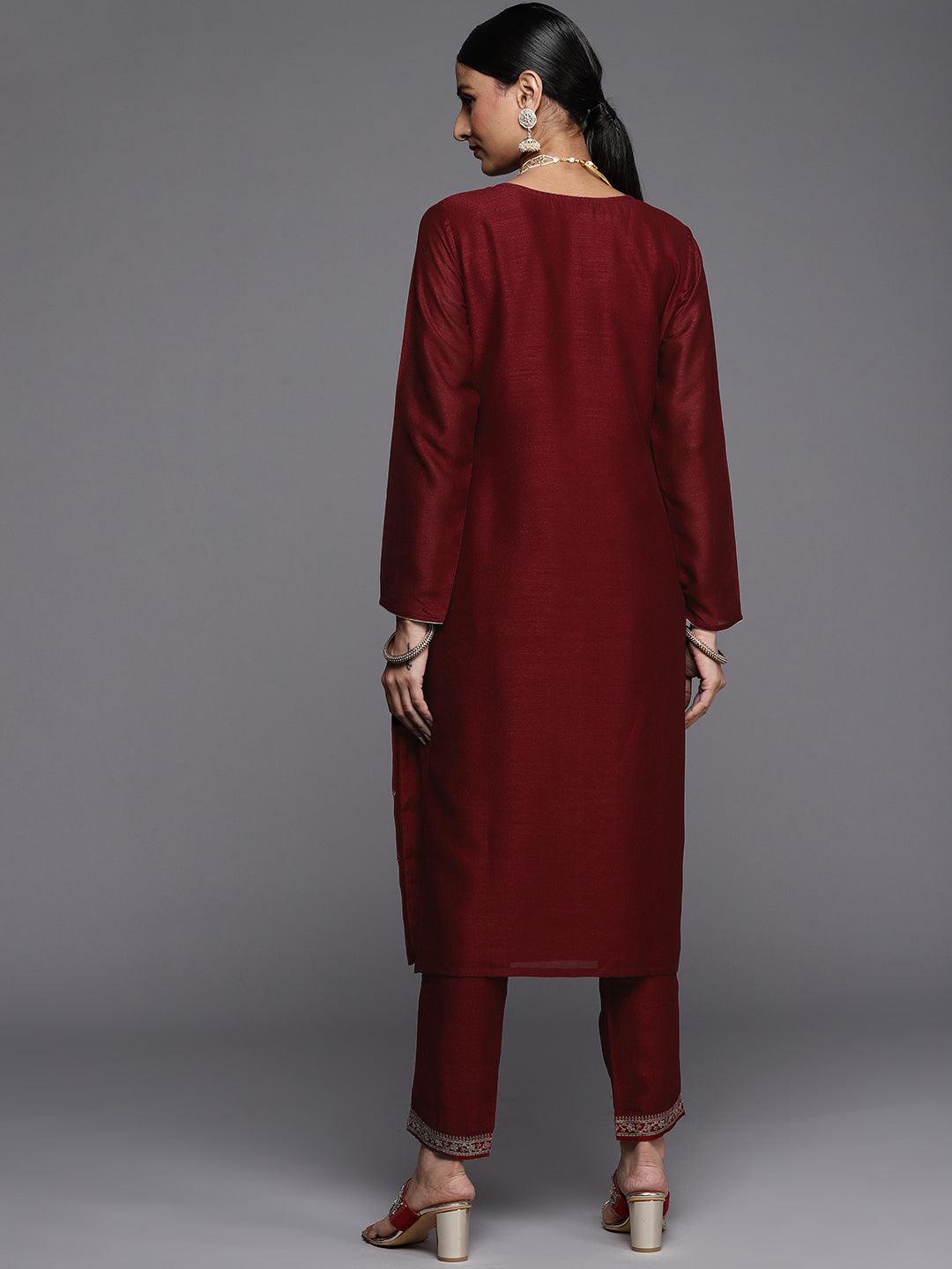 Maroon Embroidered Silk Straight Kurta - ShopLibas