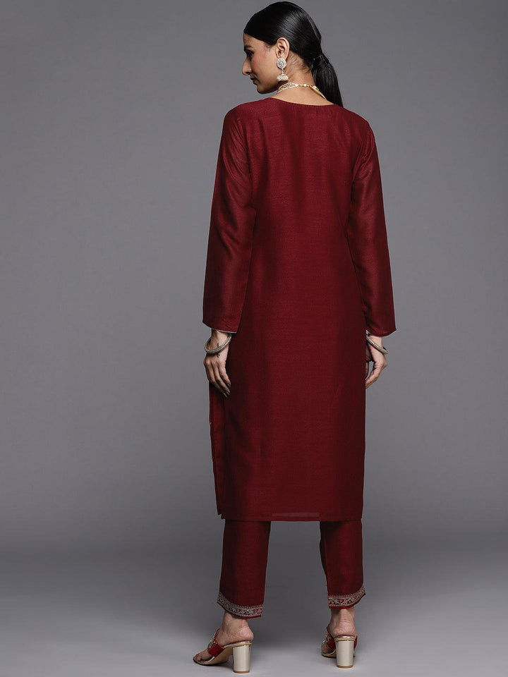 Maroon Embroidered Silk Straight Kurta