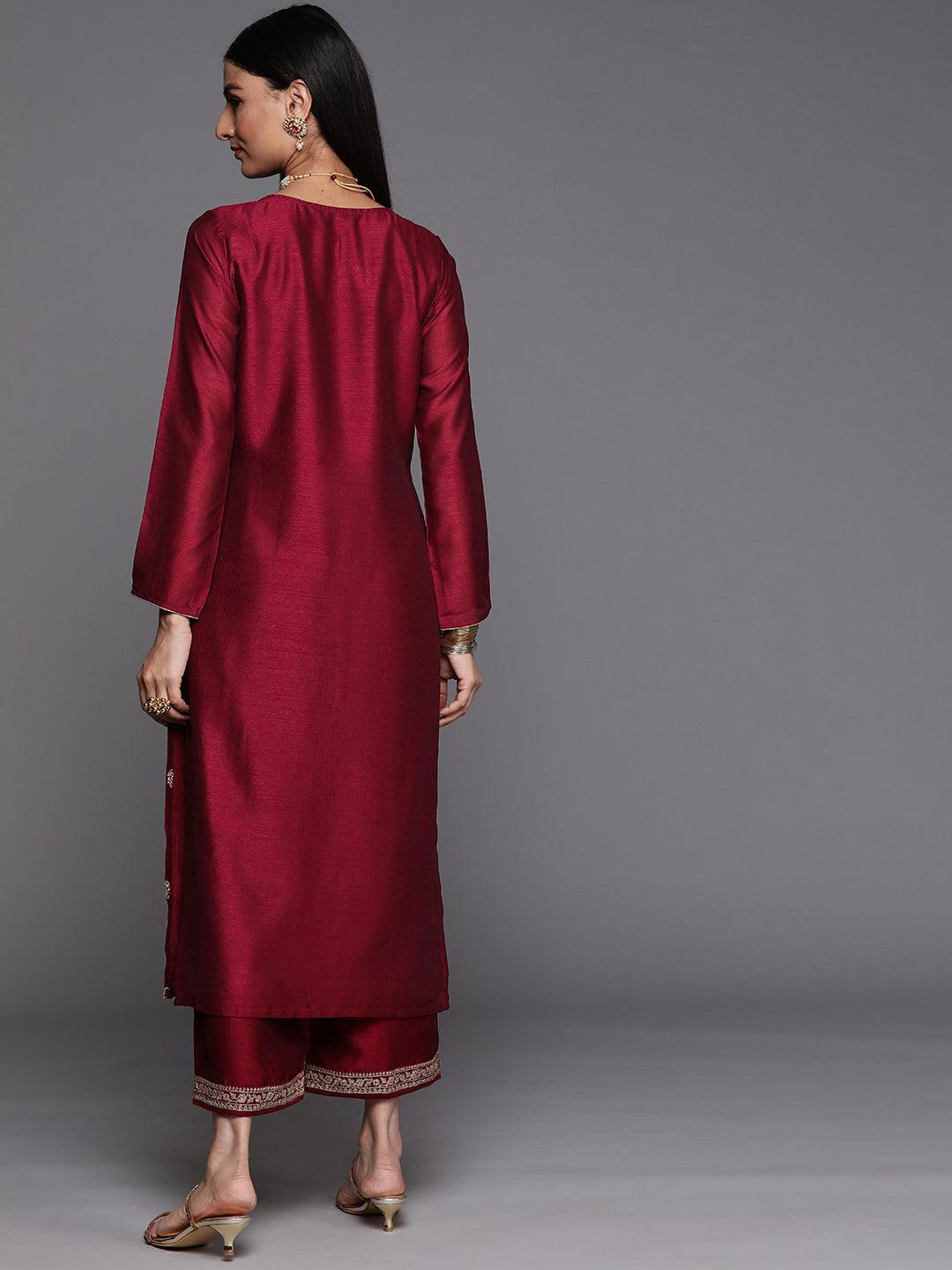 Maroon Embroidered Silk Straight Kurta - ShopLibas