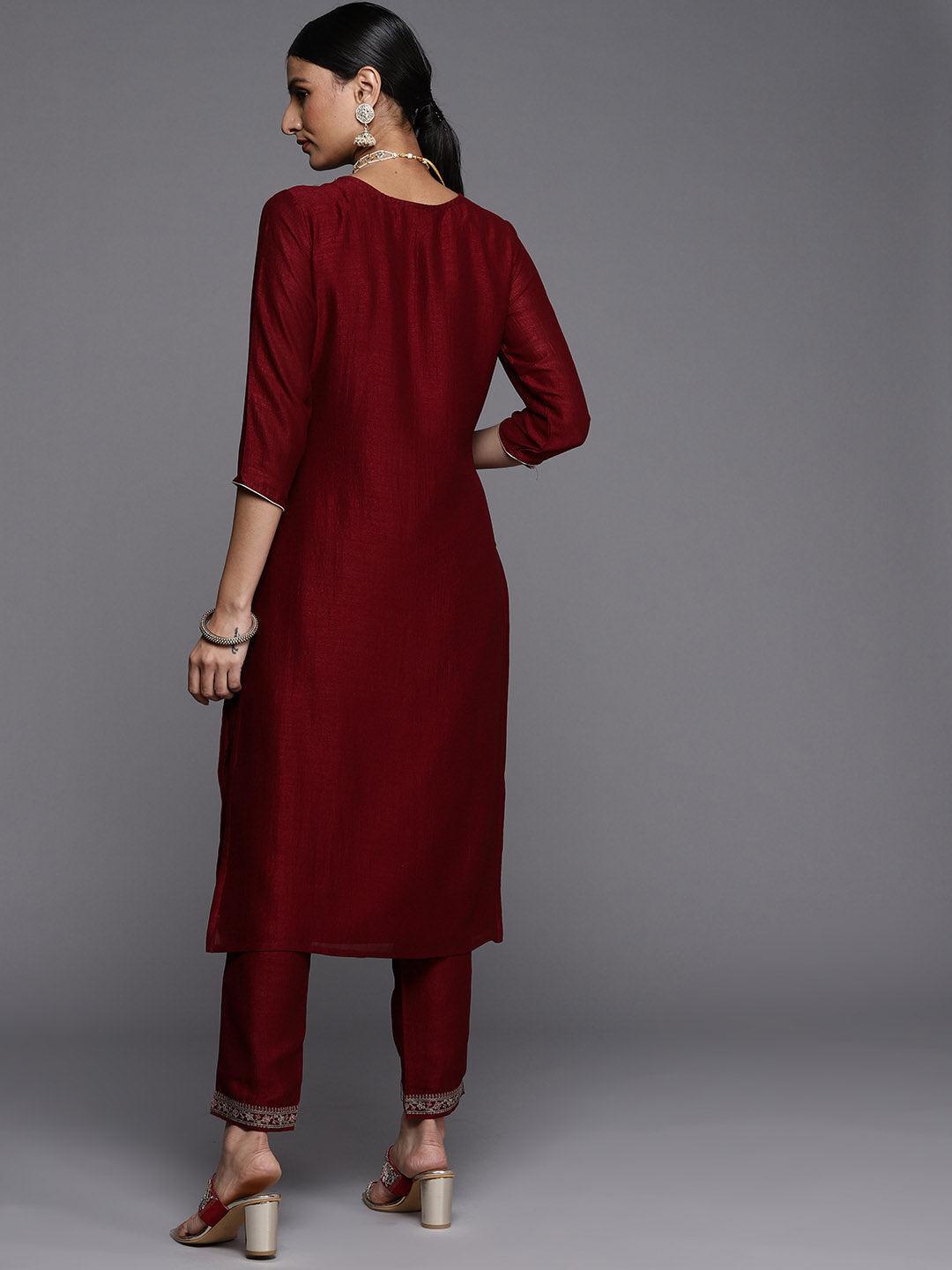 Maroon Embroidered Silk Straight Kurta - ShopLibas