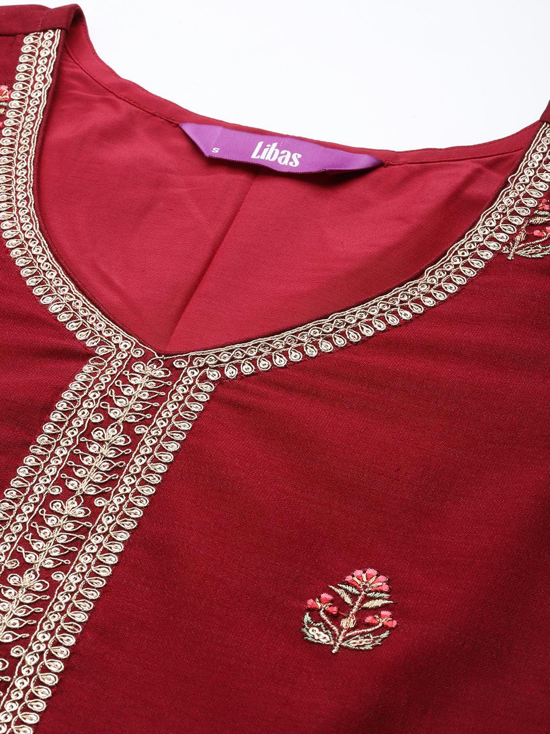 Maroon Embroidered Silk Straight Kurta - Libas