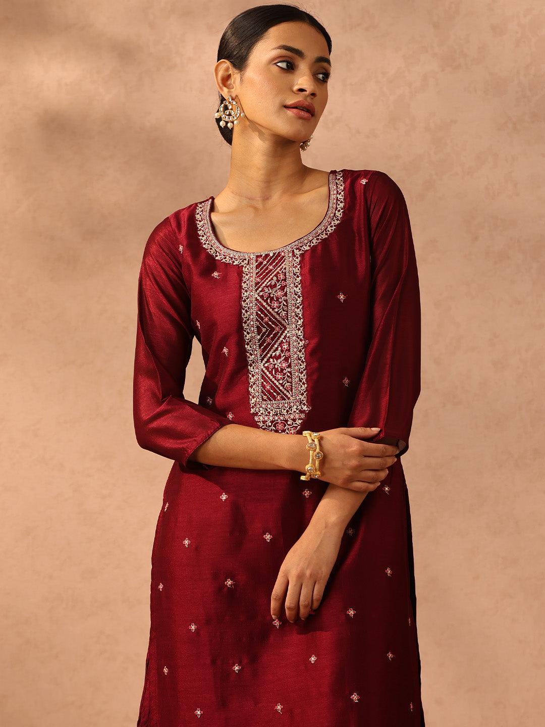 Maroon Embroidered Silk Straight Kurta - ShopLibas