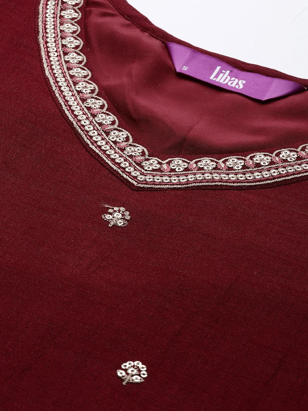 Maroon Embroidered Silk Straight Kurta - ShopLibas