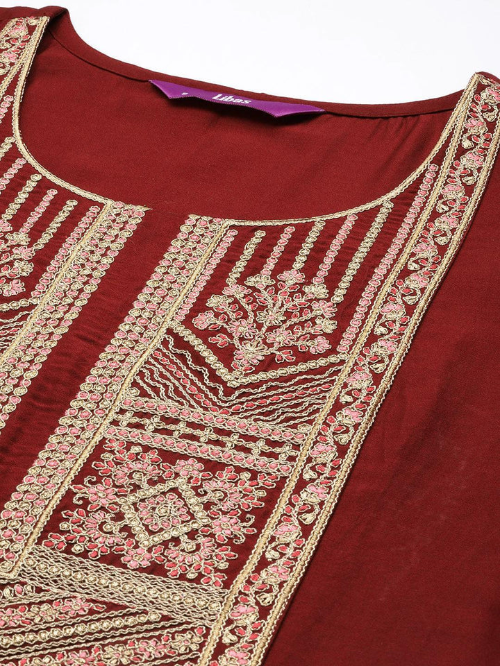 Maroon Embroidered Silk Straight Kurta