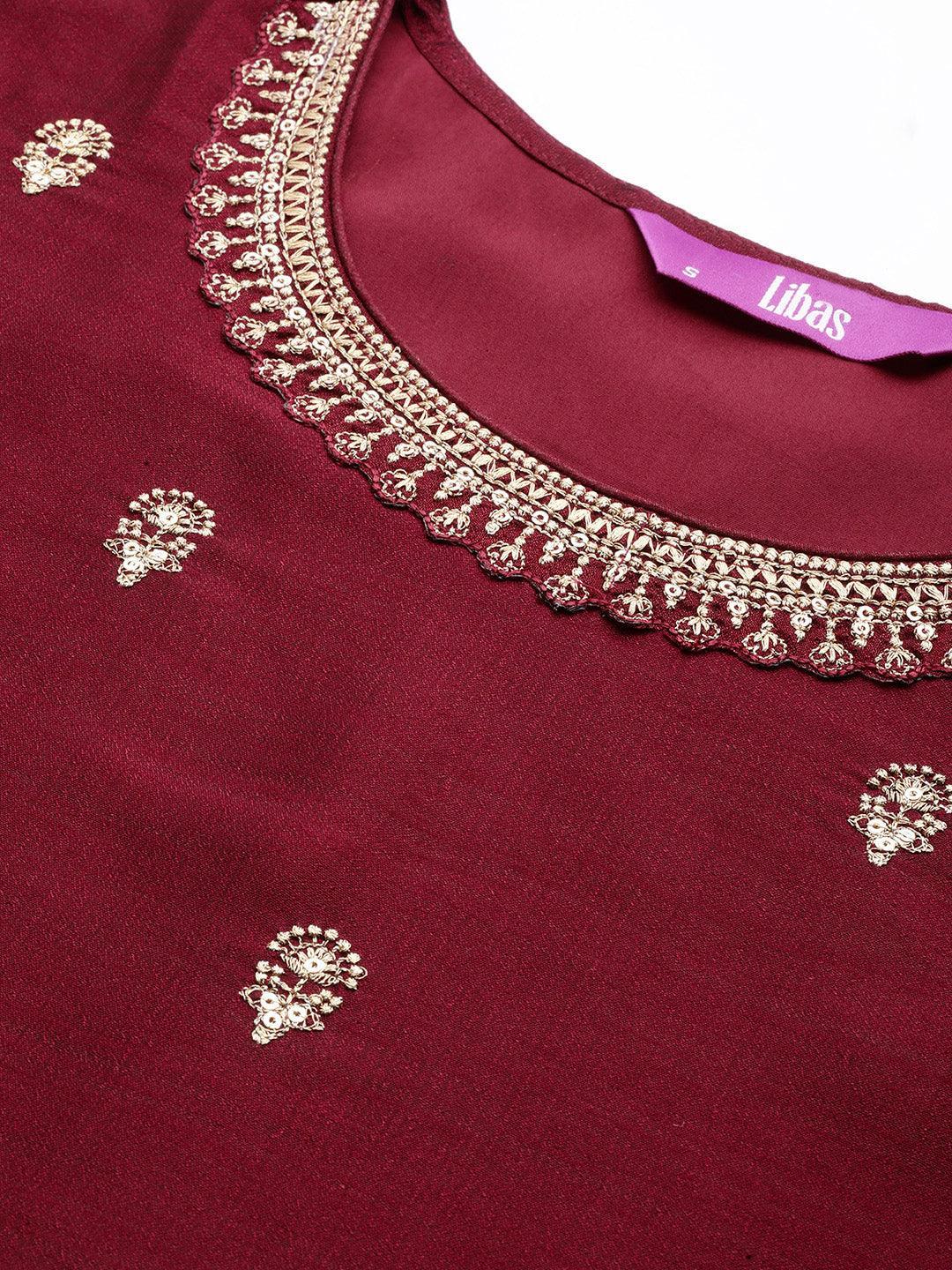 Maroon Embroidered Silk Straight Kurta - ShopLibas