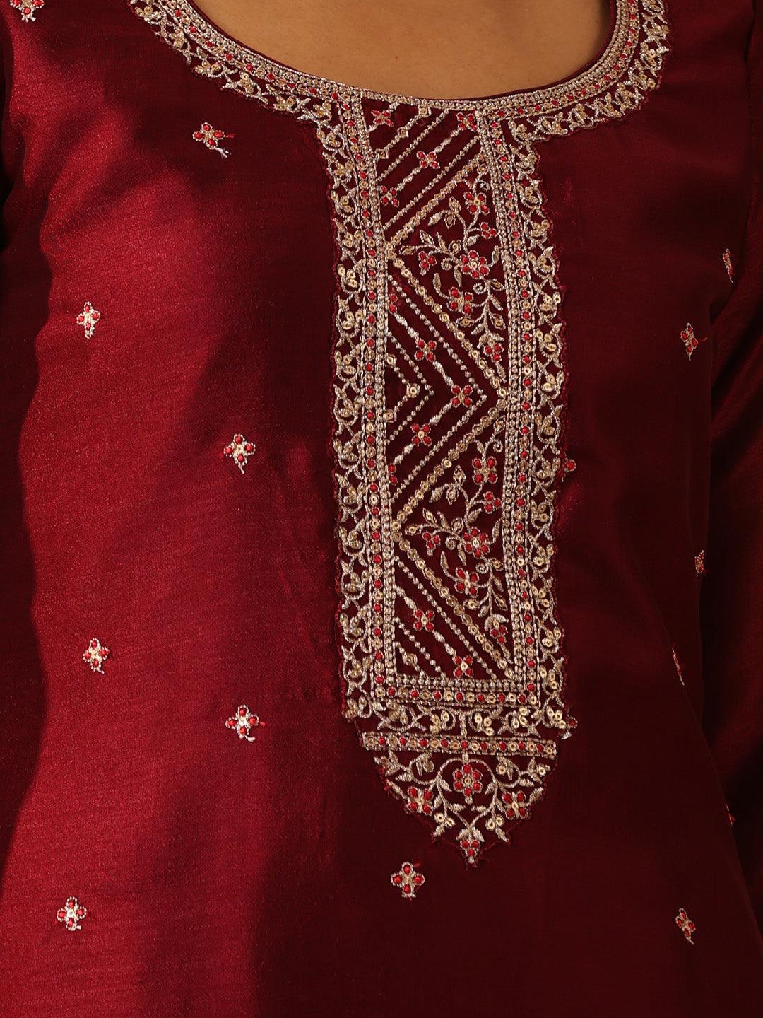Maroon Embroidered Silk Straight Kurta - ShopLibas