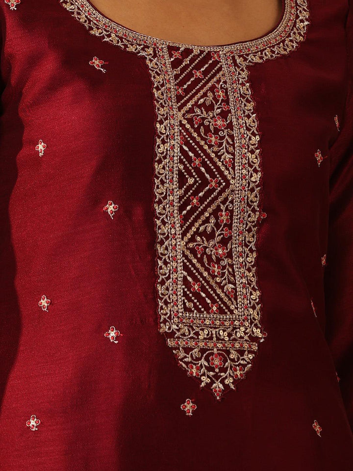Maroon Embroidered Silk Straight Kurta