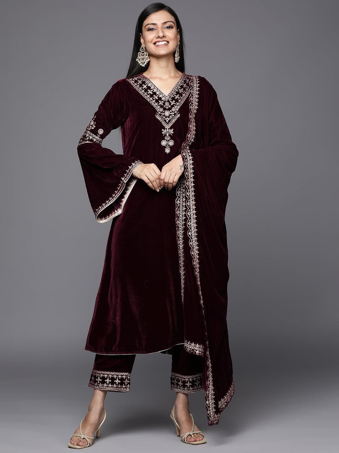 Maroon Embroidered Velvet A-Line Suit Set - ShopLibas