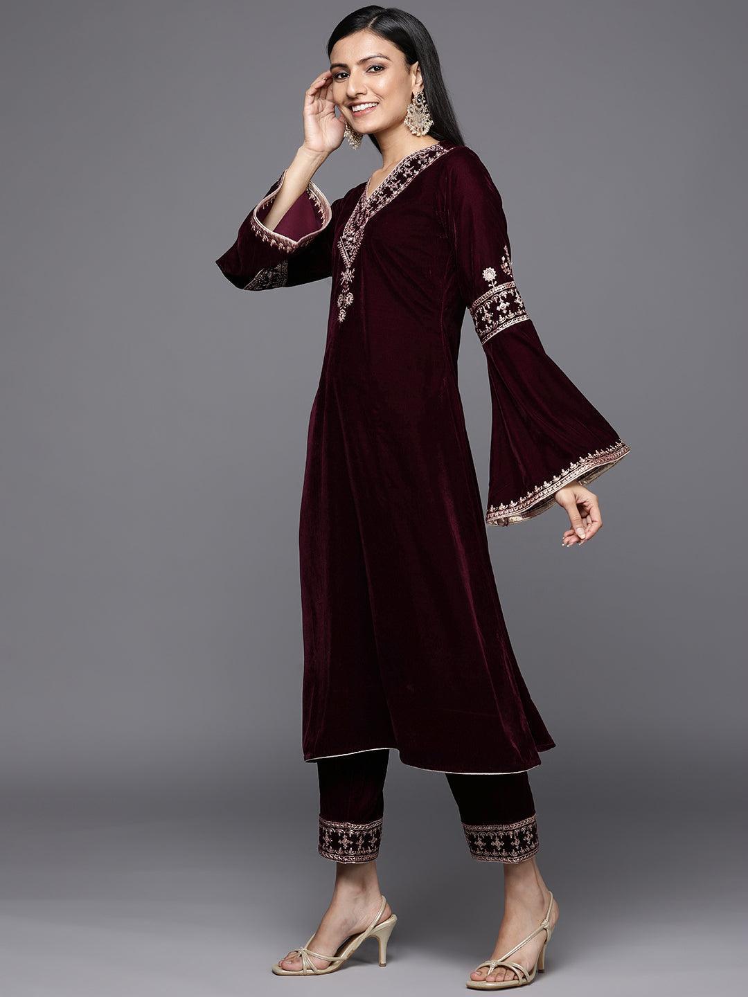 Maroon Embroidered Velvet A-Line Suit Set - ShopLibas