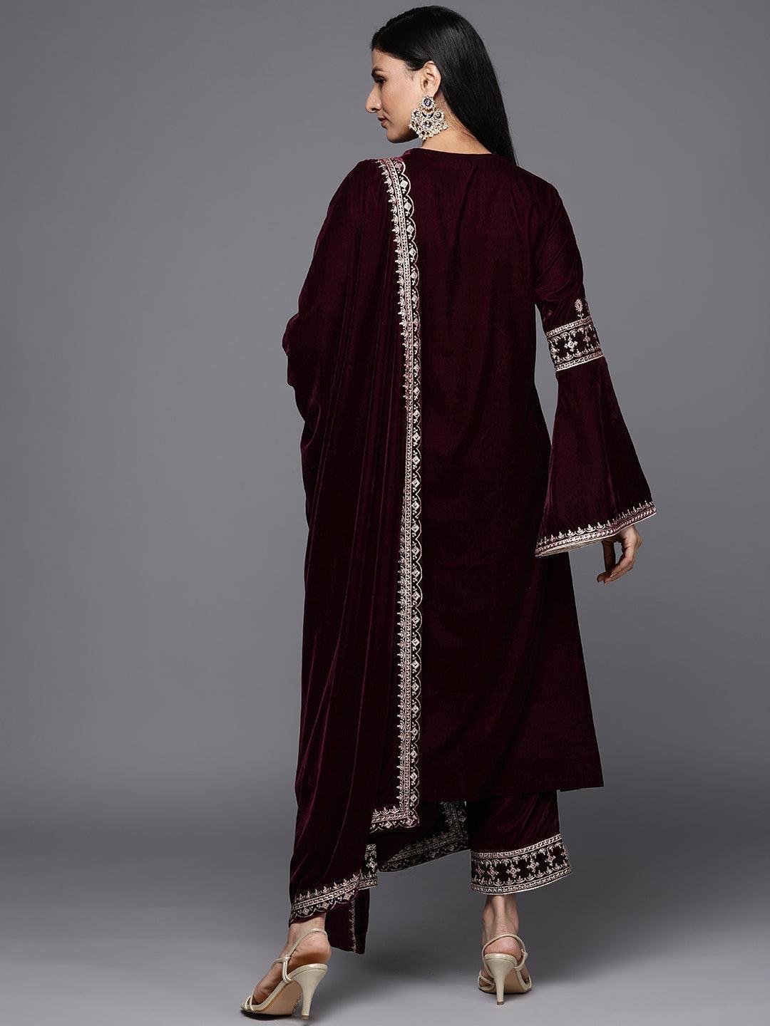 Maroon Embroidered Velvet A-Line Suit Set - ShopLibas