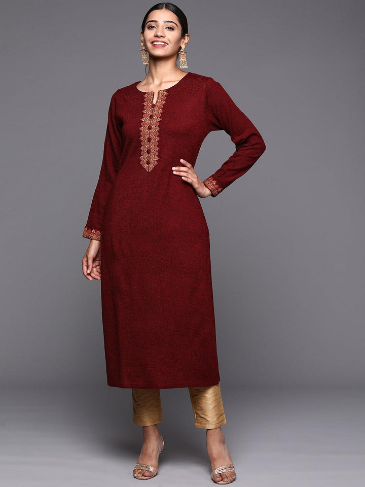 Maroon Embroidered Wool Straight Kurta