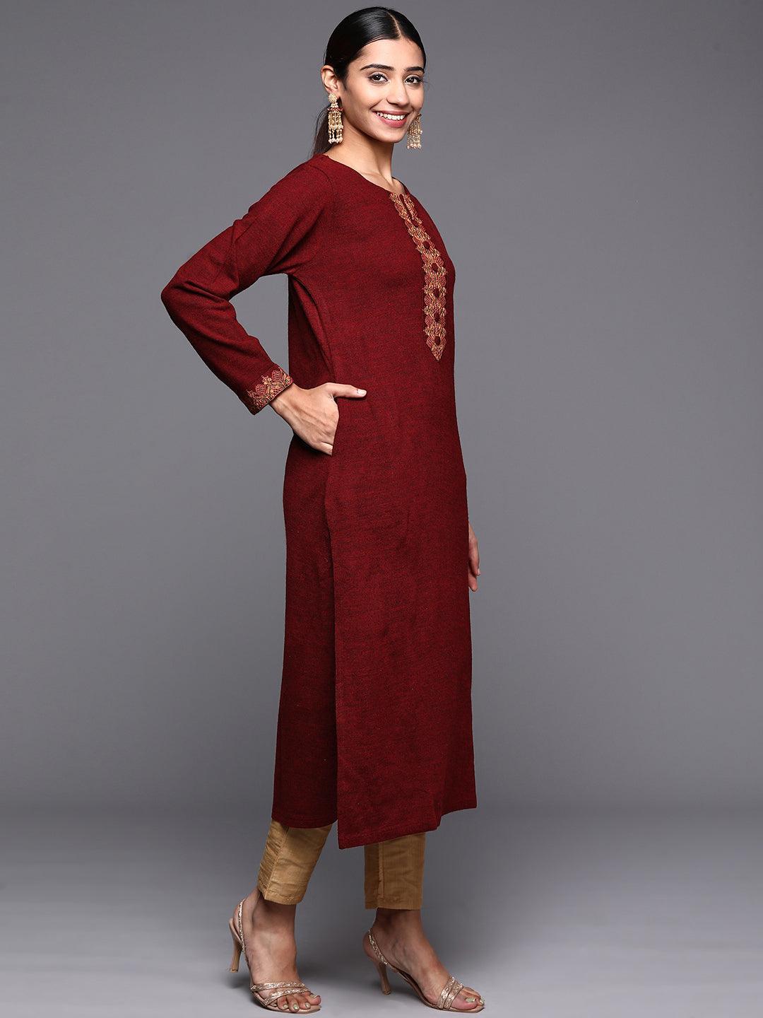 Maroon Embroidered Wool Straight Kurta - ShopLibas