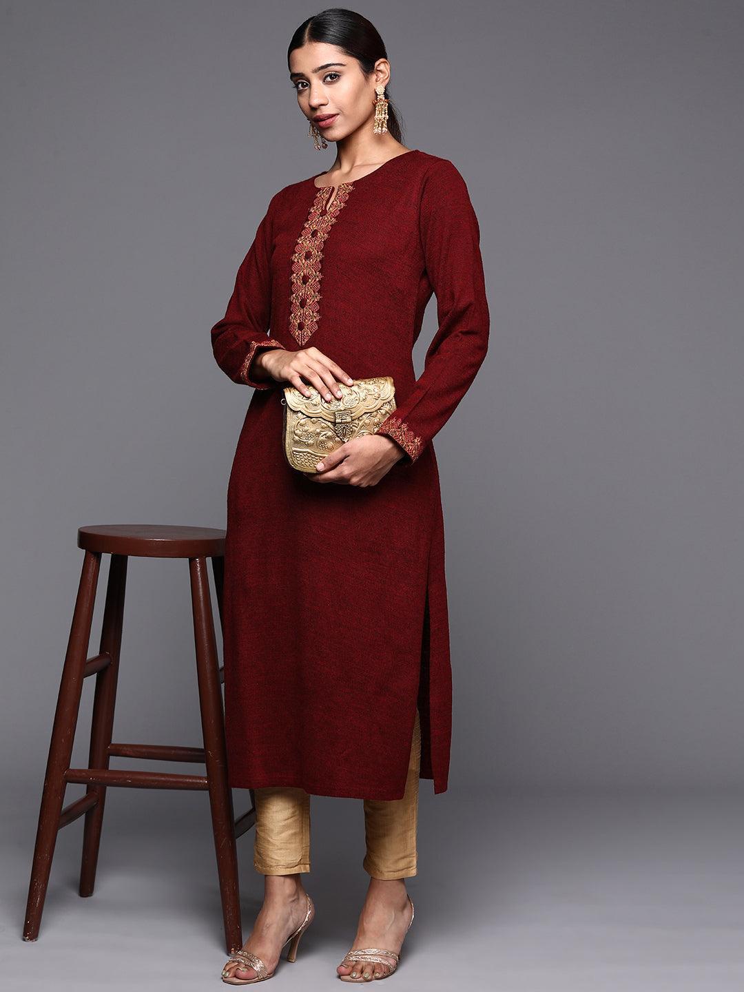 Maroon Embroidered Wool Straight Kurta - ShopLibas