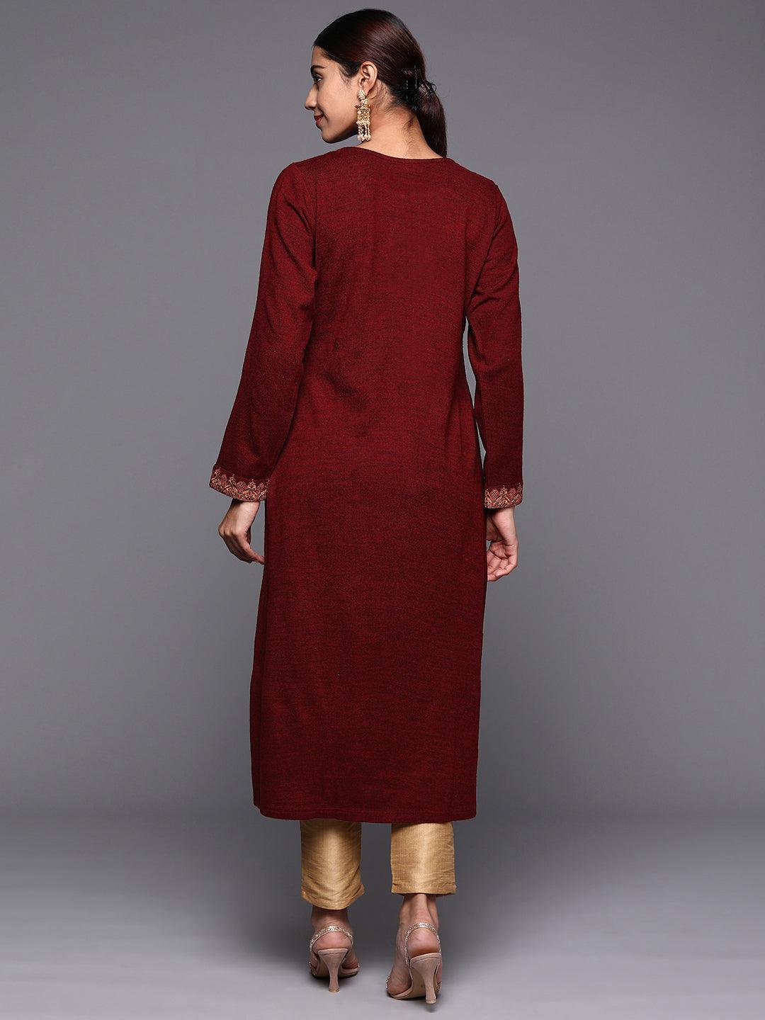 Maroon Embroidered Wool Straight Kurta - ShopLibas
