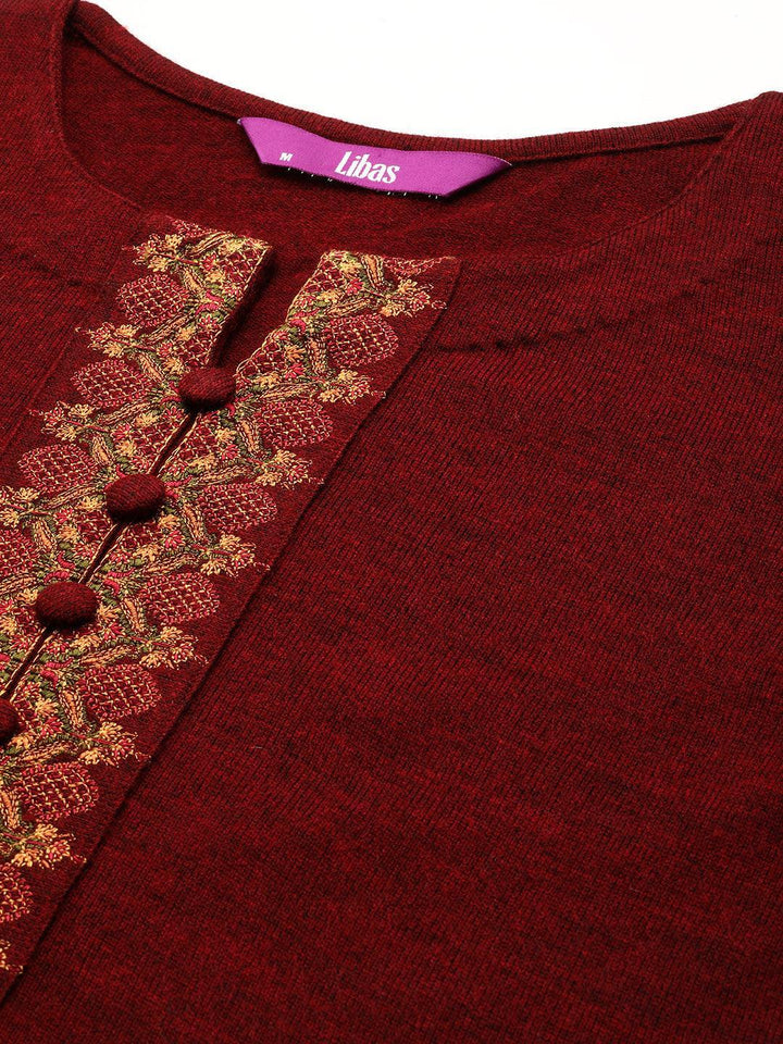 Maroon Embroidered Wool Straight Kurta