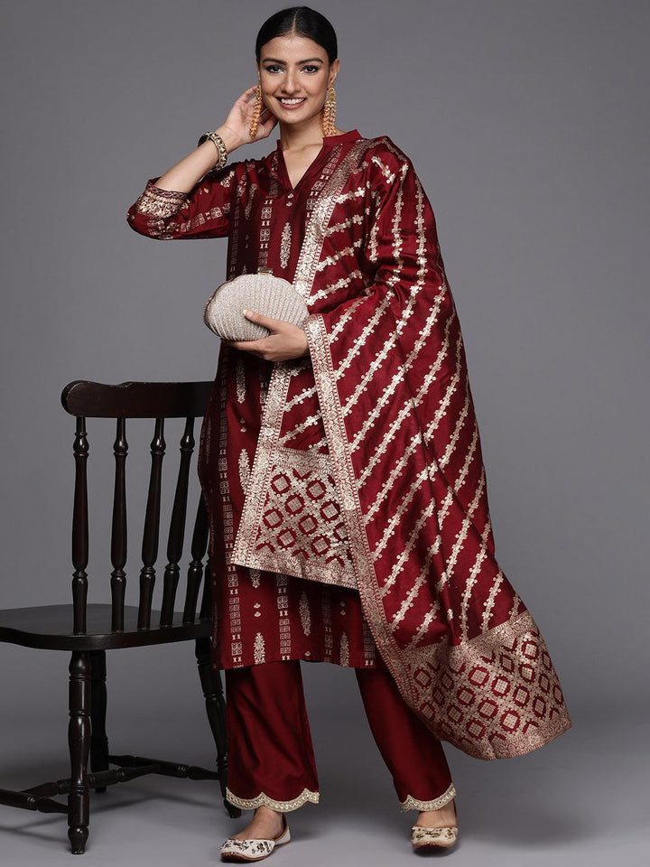 Maroon Printed Chanderi Silk Straight Suit Set