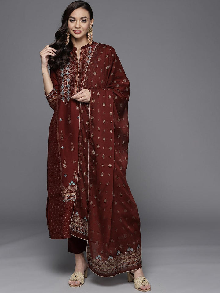 Maroon Printed Chanderi Silk Suit Set