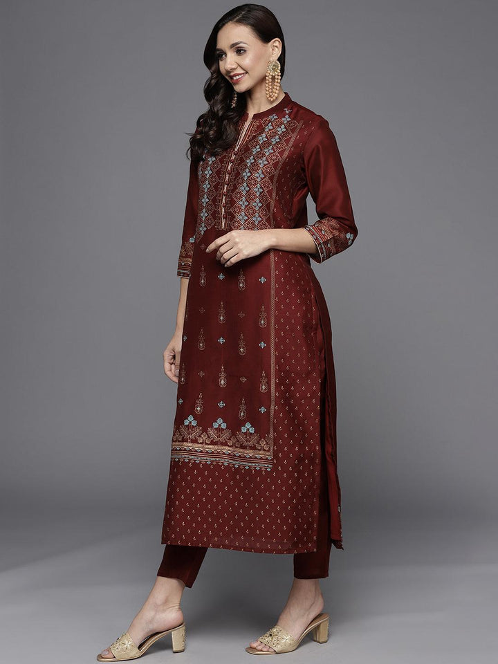 Maroon Printed Chanderi Silk Suit Set