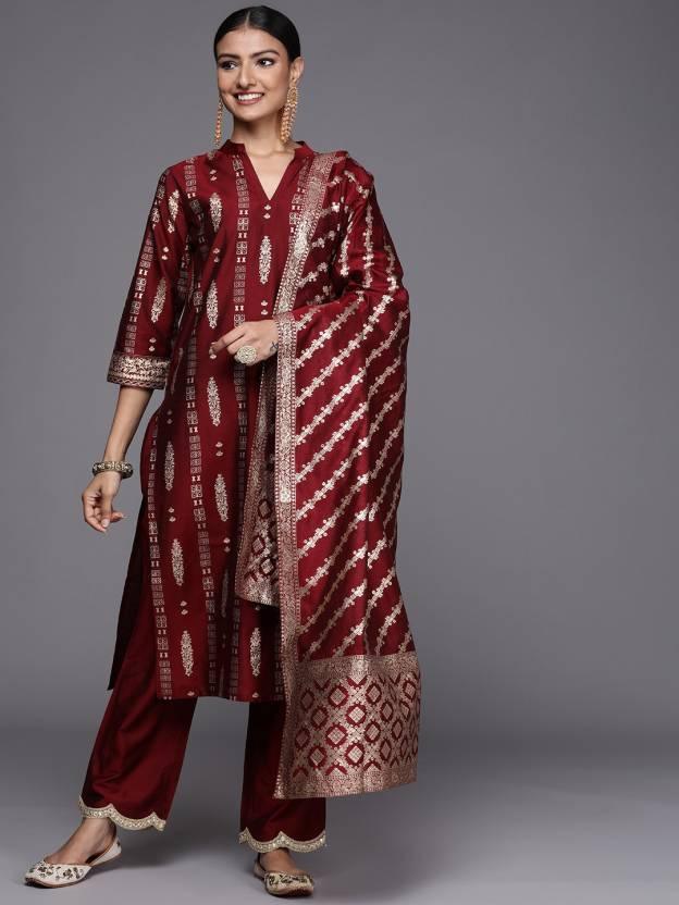 Maroon Printed Chanderi Silk Straight Suit Set