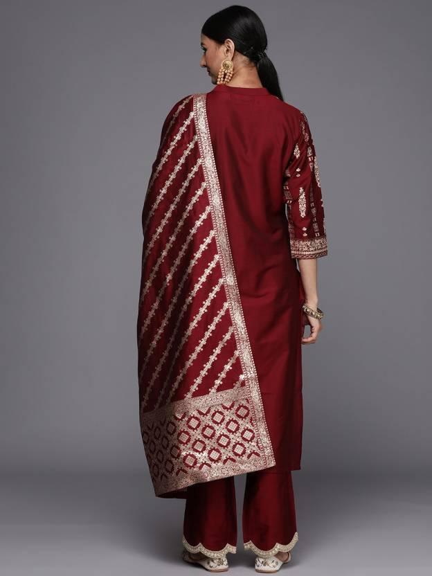 Maroon Printed Chanderi Silk Straight Suit Set